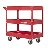 Arebos Werkstatt-Rollwagen Montagewagen | Werkzeugwagen | Flexible Rollen | Belastbarkeit bis zu 100 kg | 3 Fächer | Rot